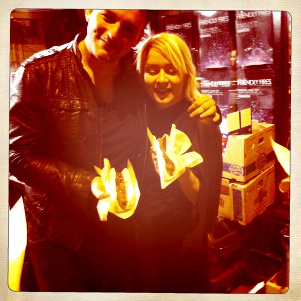 Victoria and Rab eating veggie dogs post show.
